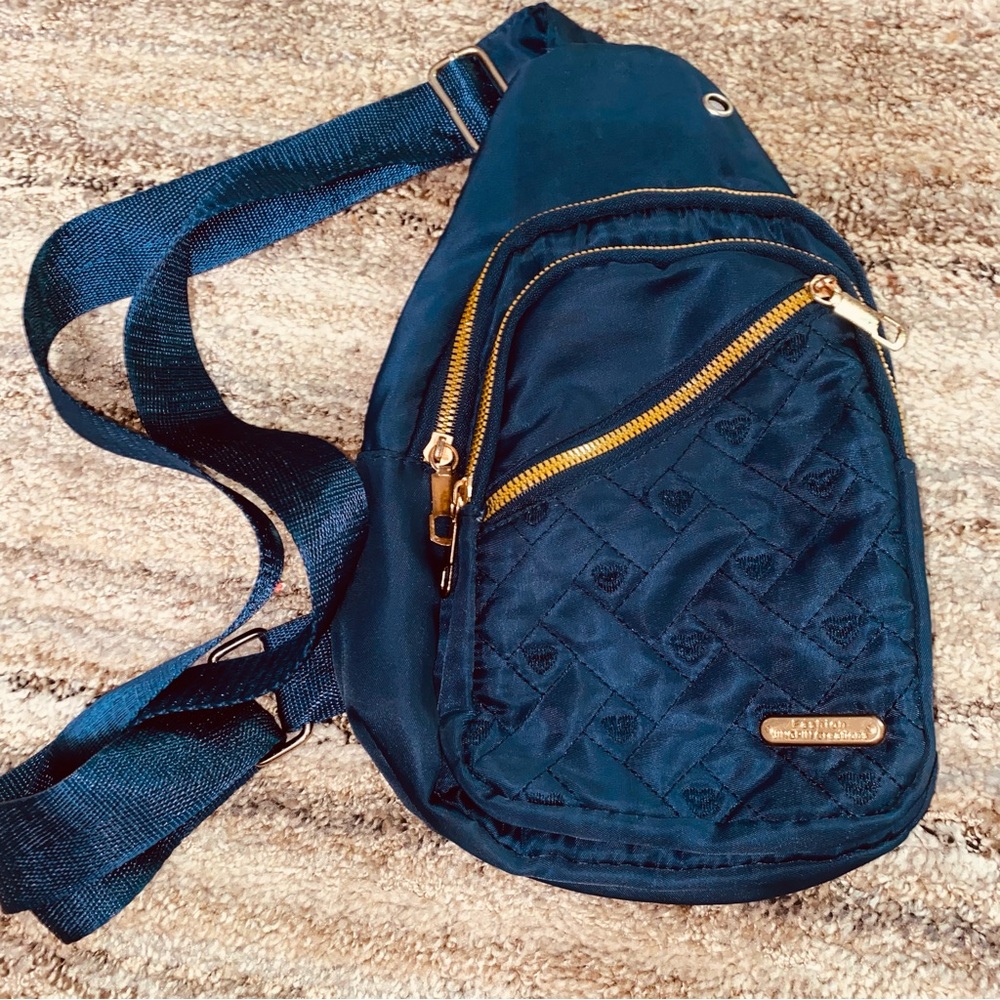 Quilted Blue Crossbody Bag with Gold Logo Plate